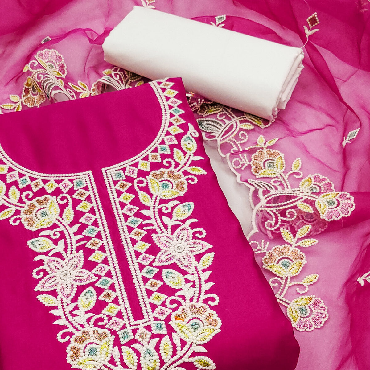 Pink Floral Embroidered Cotton Silk Dress Material