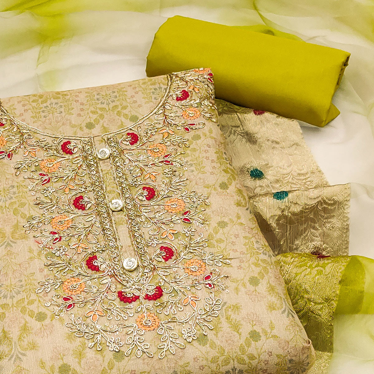 Beige & Green Floral Digital Printed With Embroidery Viscose Dress Material