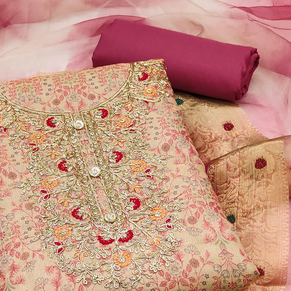 Beige & Pink Floral Digital Printed With Embroidery Viscose Dress Material