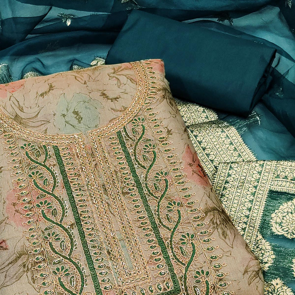 Beige Floral Digital Printed With Embroidery Viscose Dress Material