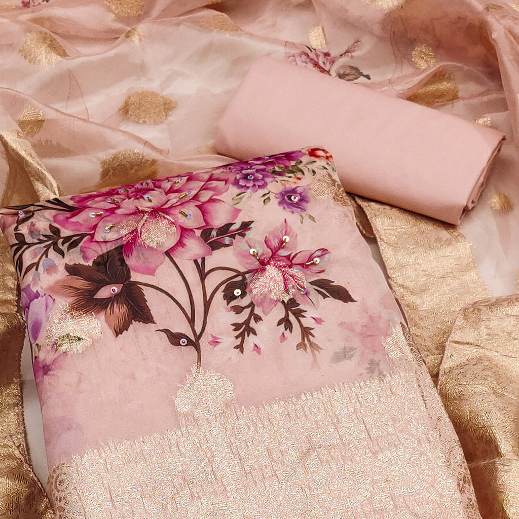 Peach Woven With Digital Printed Organza Dress Material