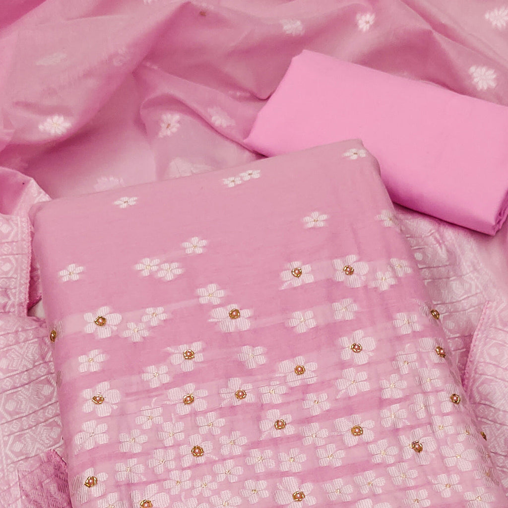 Pink Floral Woven With Hand Embroidered Muslin Dress Material