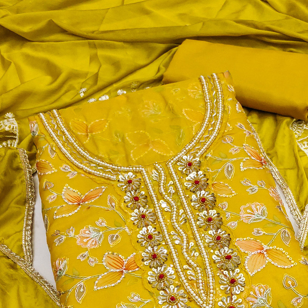 Mustard Floral Hand Embroidered Organza Dress Material