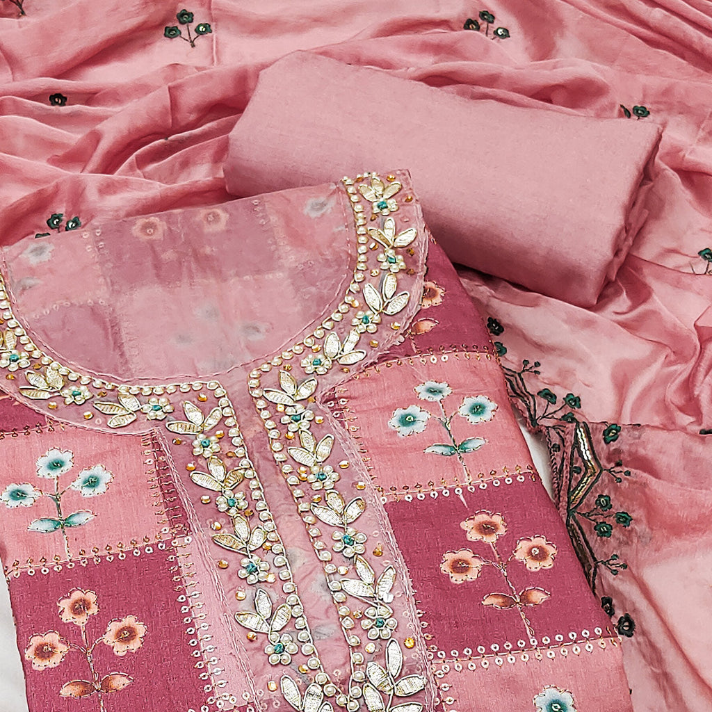 Peach Floral Hand Embroidered Muslin Dress Material