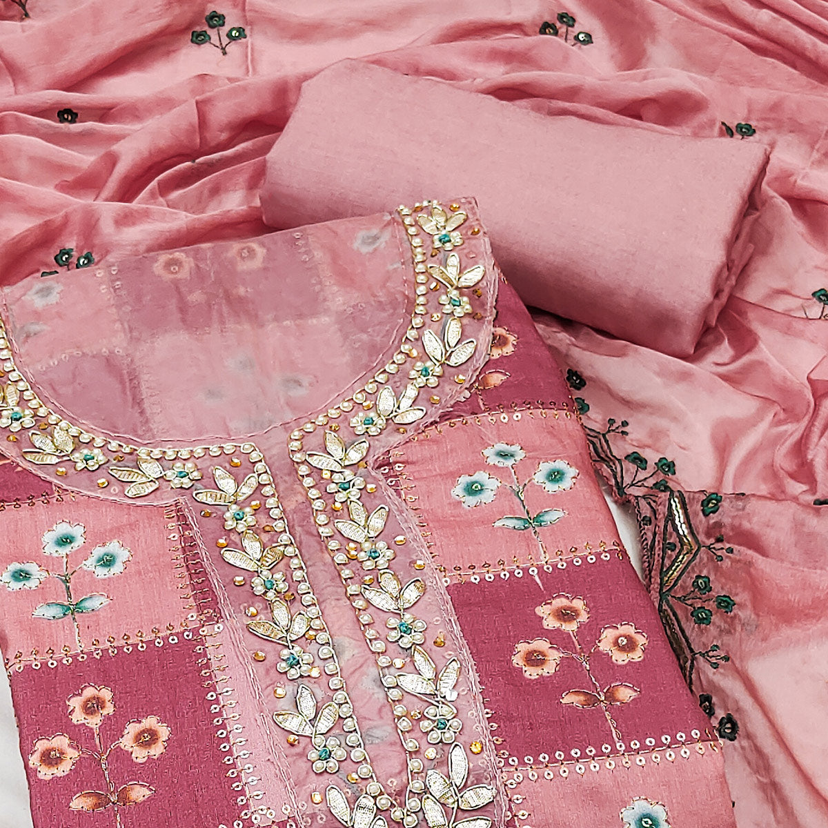 Peach Floral Hand Embroidered Muslin Dress Material