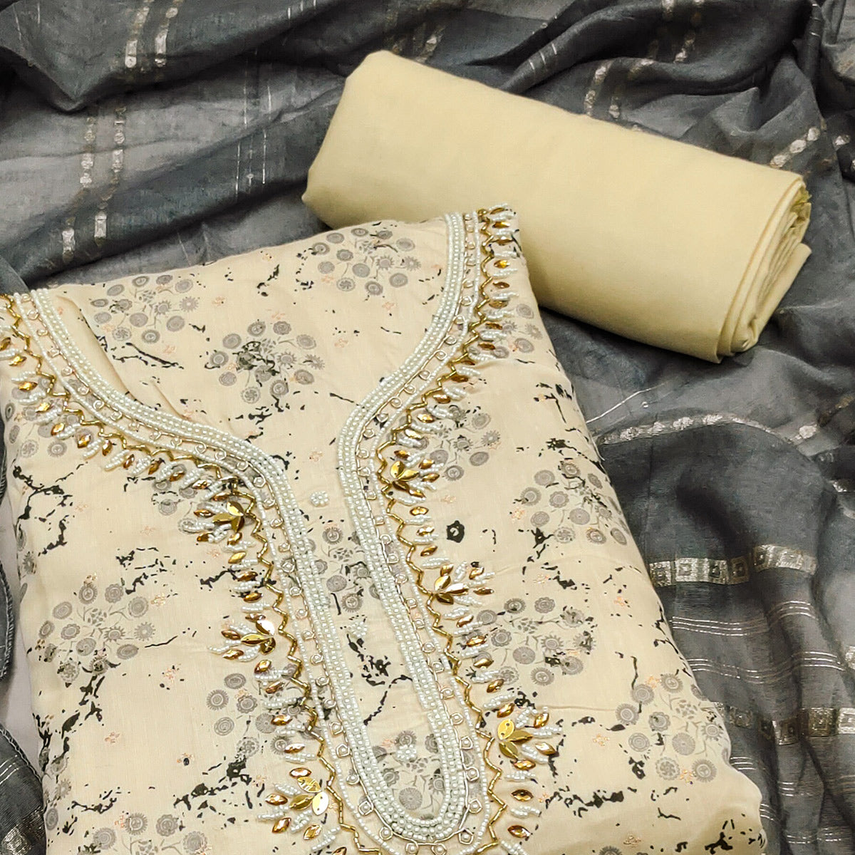 Cream & Dark Grey Digital Printed With Hand Embroidered Muslin Dress Material