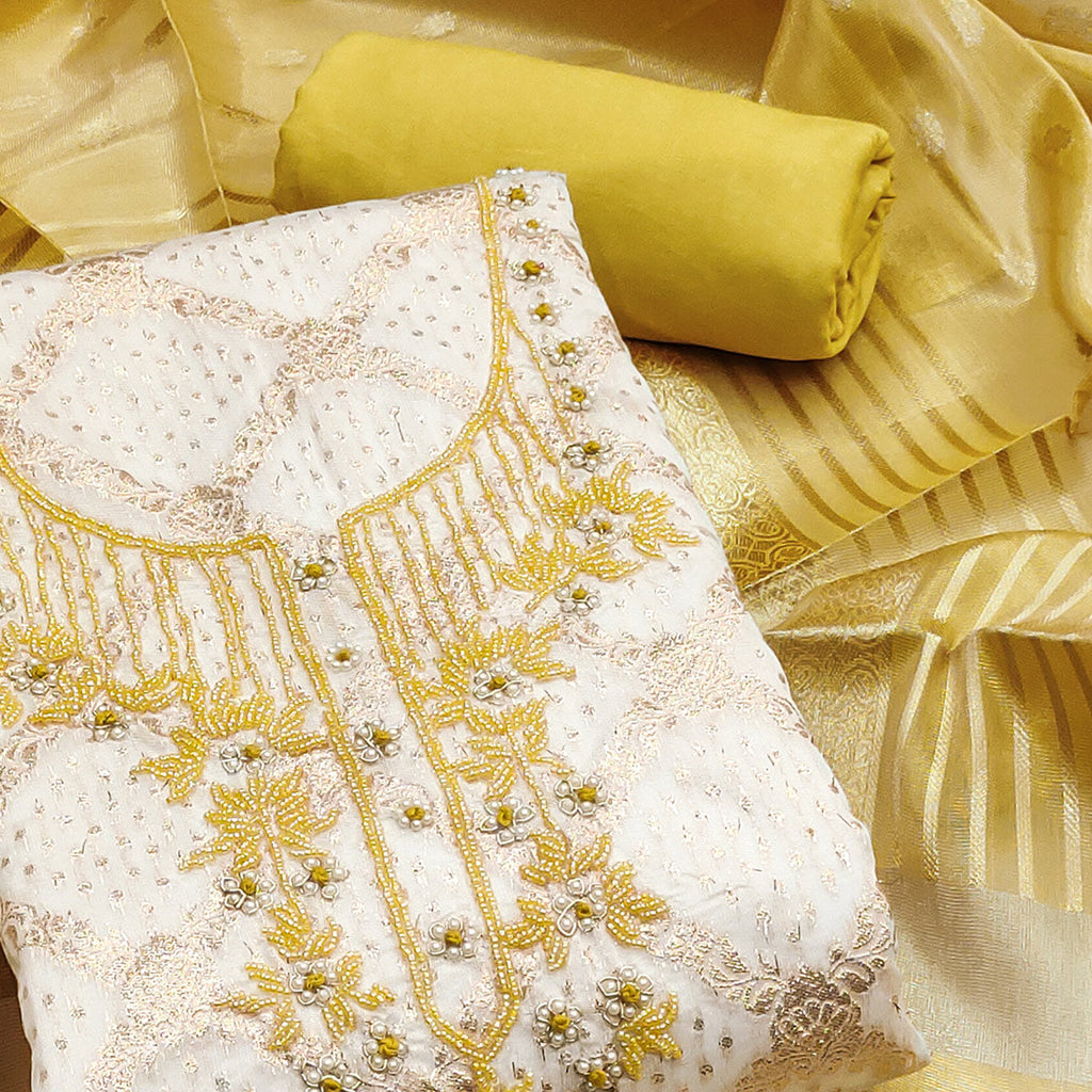 Off white & Yellow Woven With Handwork Muslin Dress Material
