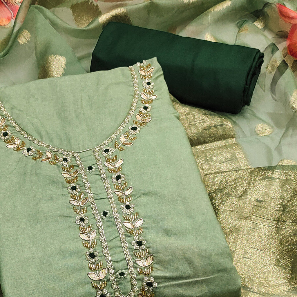 Green Floral Digital Printed With Handwork Pure Cotton Dress Material