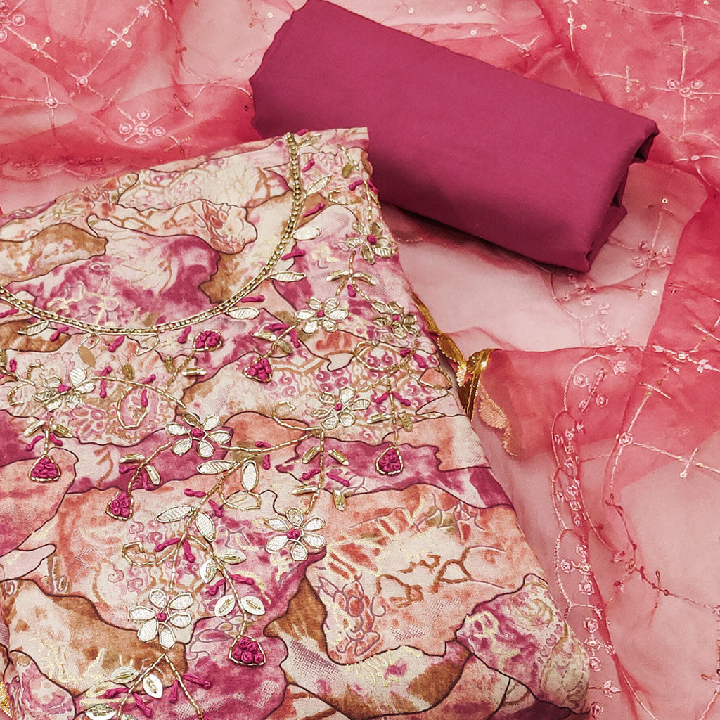 Pink Printed With Hand Embroidered Muslin Dress Material