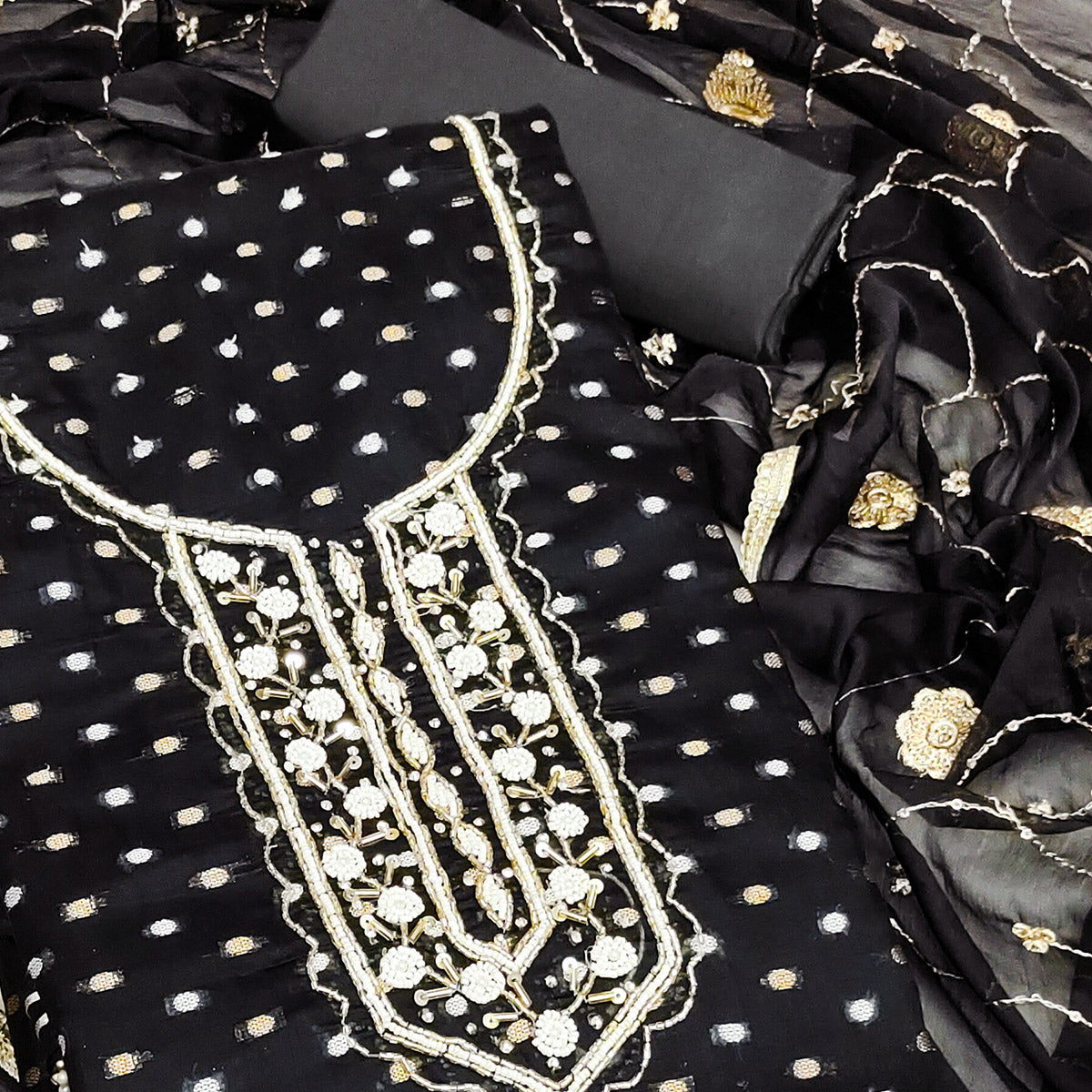 Black Woven With Hand Embroidery Chanderi Dress Material