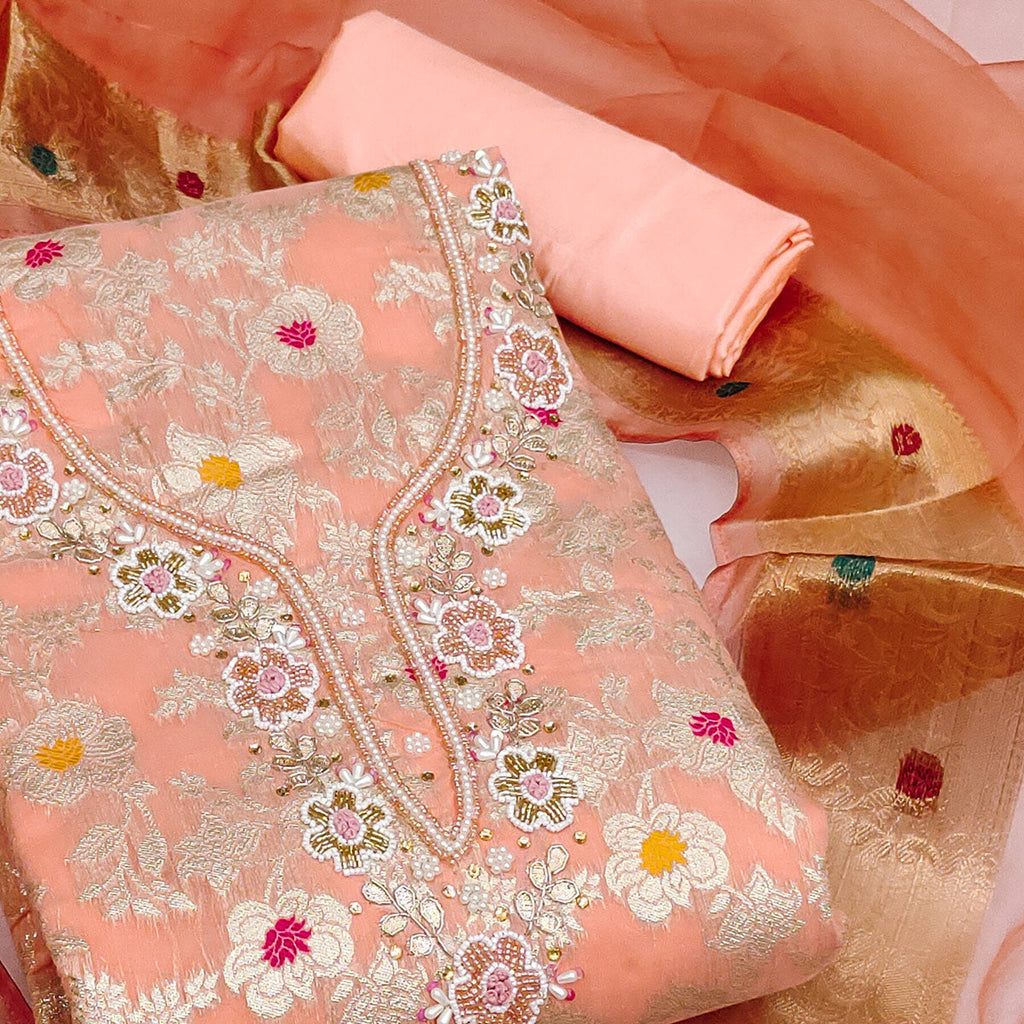 Peach Floral Woven With Hand Embroidery Muslin Dress Material