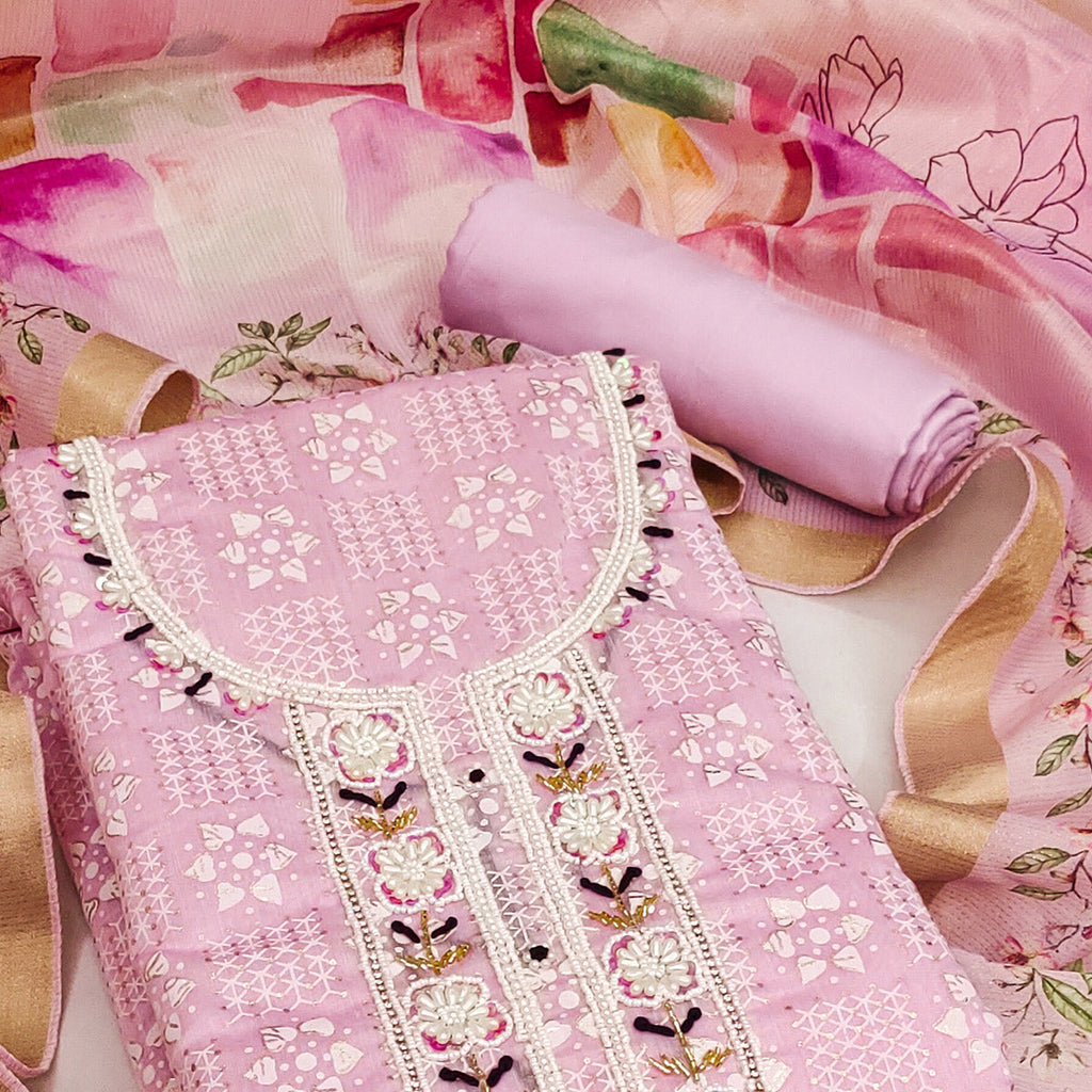 Pink Floral Printed With Hand Embroidery Chanderi Dress Material