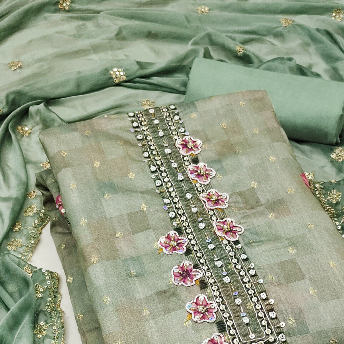 Green Floral Digital Printed With Handwork Chanderi Dress Material