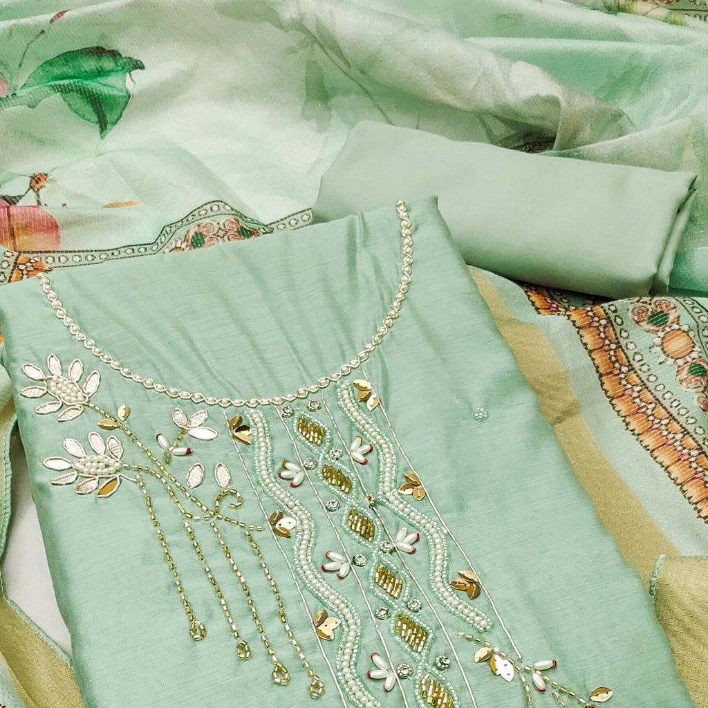 Green Floral Hand Embroidery Chanderi Dress Material