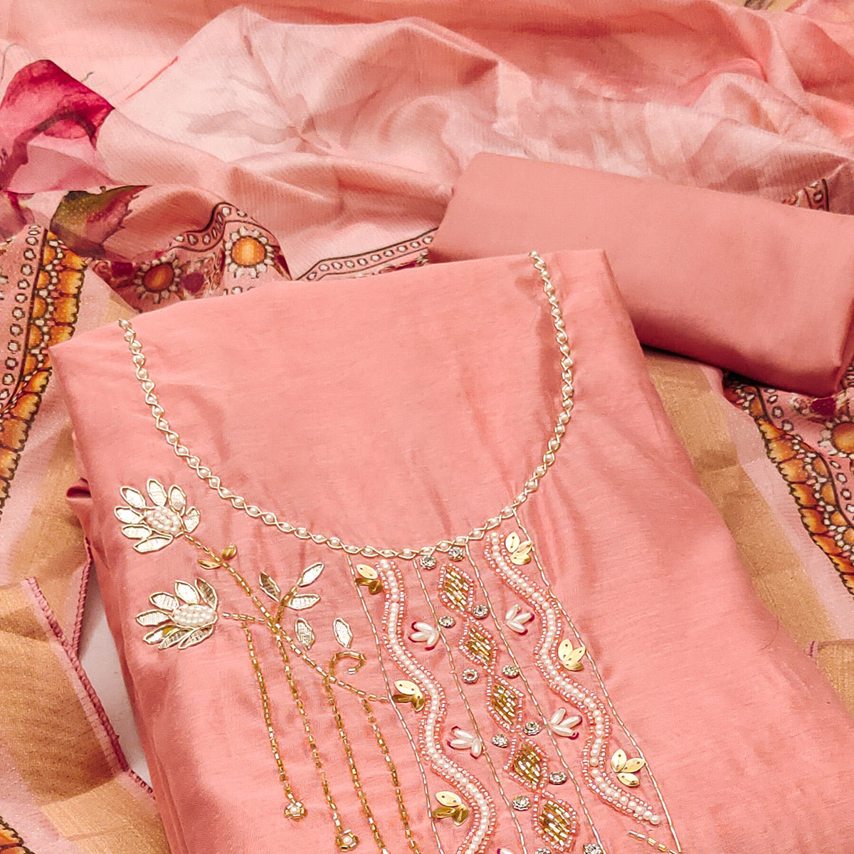 Peach Floral Hand Embroidery Chanderi Dress Material