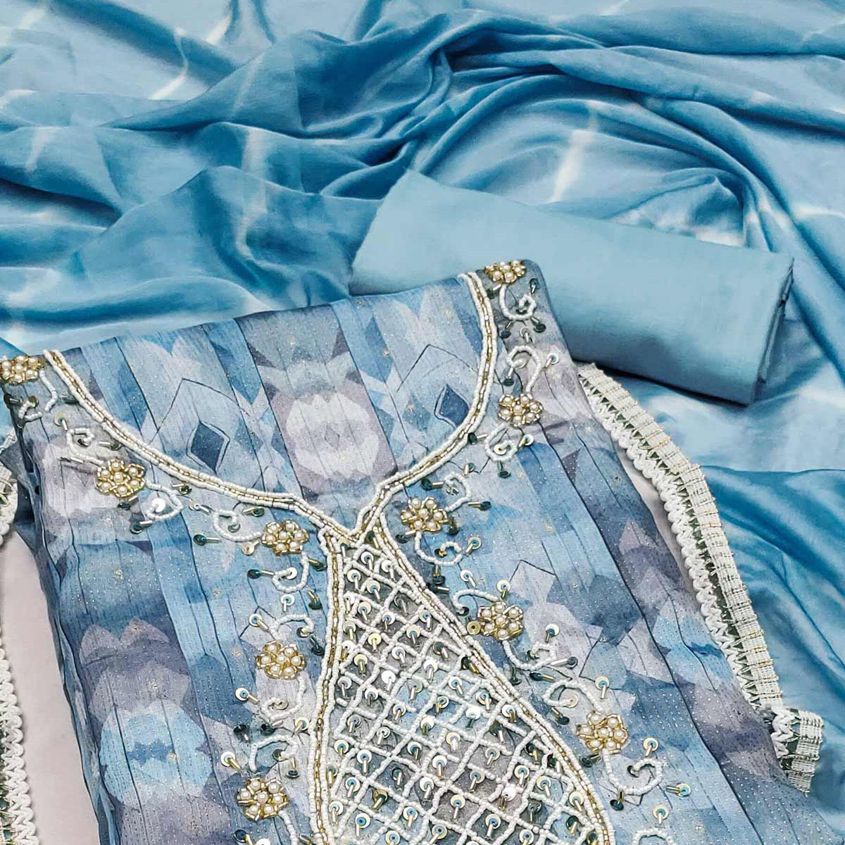 Blue Digital Printed With Hand Embroidery Chanderi Dress Material