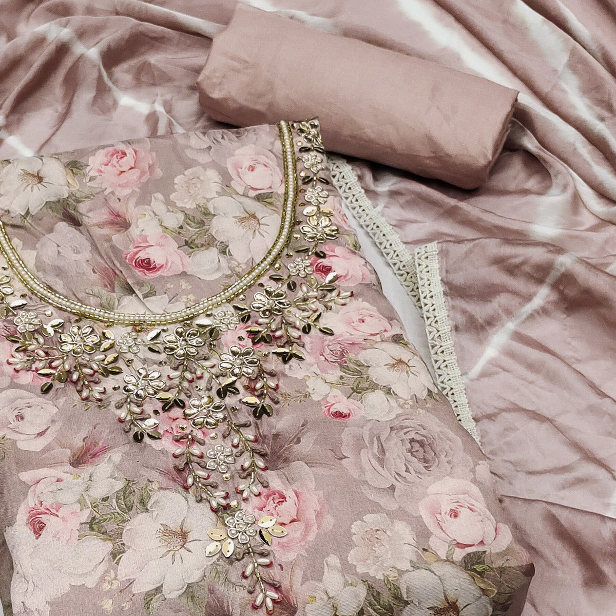 Dusty Peach Floral Digital Printed With Hand Embroidery Muslin Dress Material