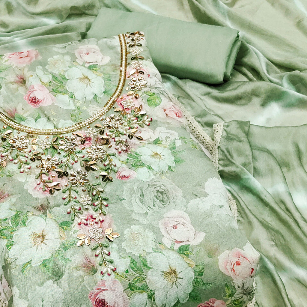 Green Floral Digital Printed With Hand Embroidery Muslin Dress Material