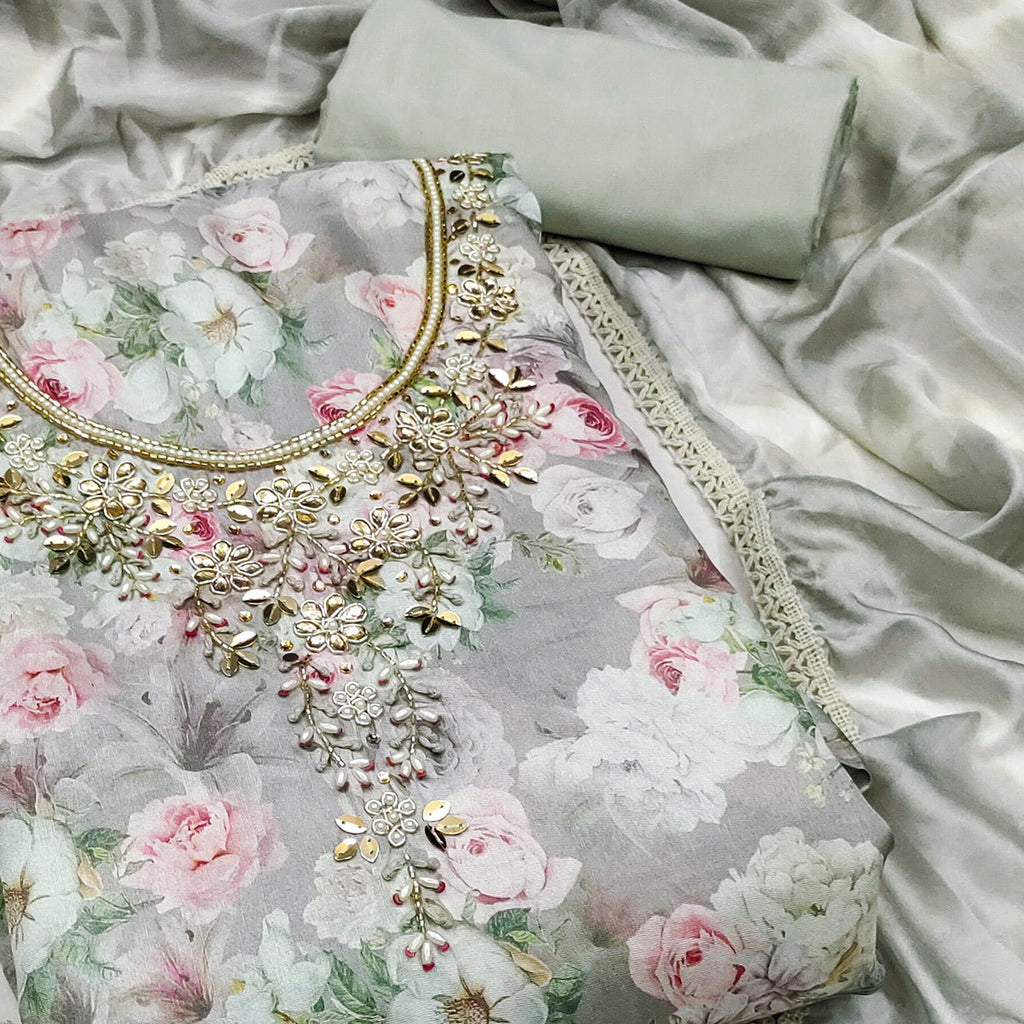 Grey Floral Digital Printed With Hand Embroidery Muslin Dress Material
