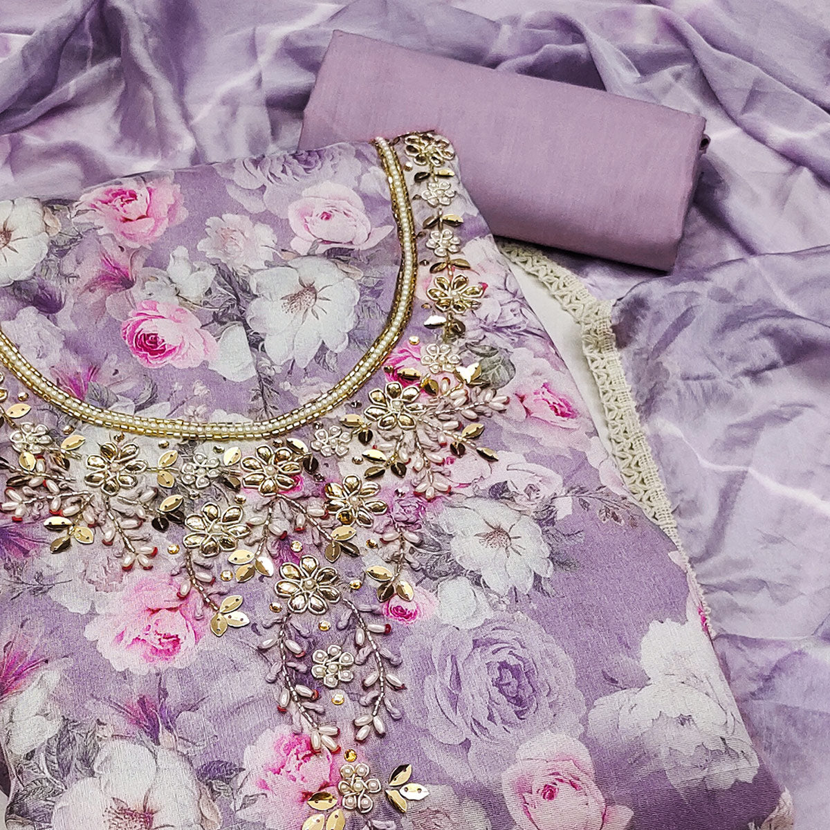 Lavender Floral Digital Printed With Hand Embroidery Muslin Dress Material