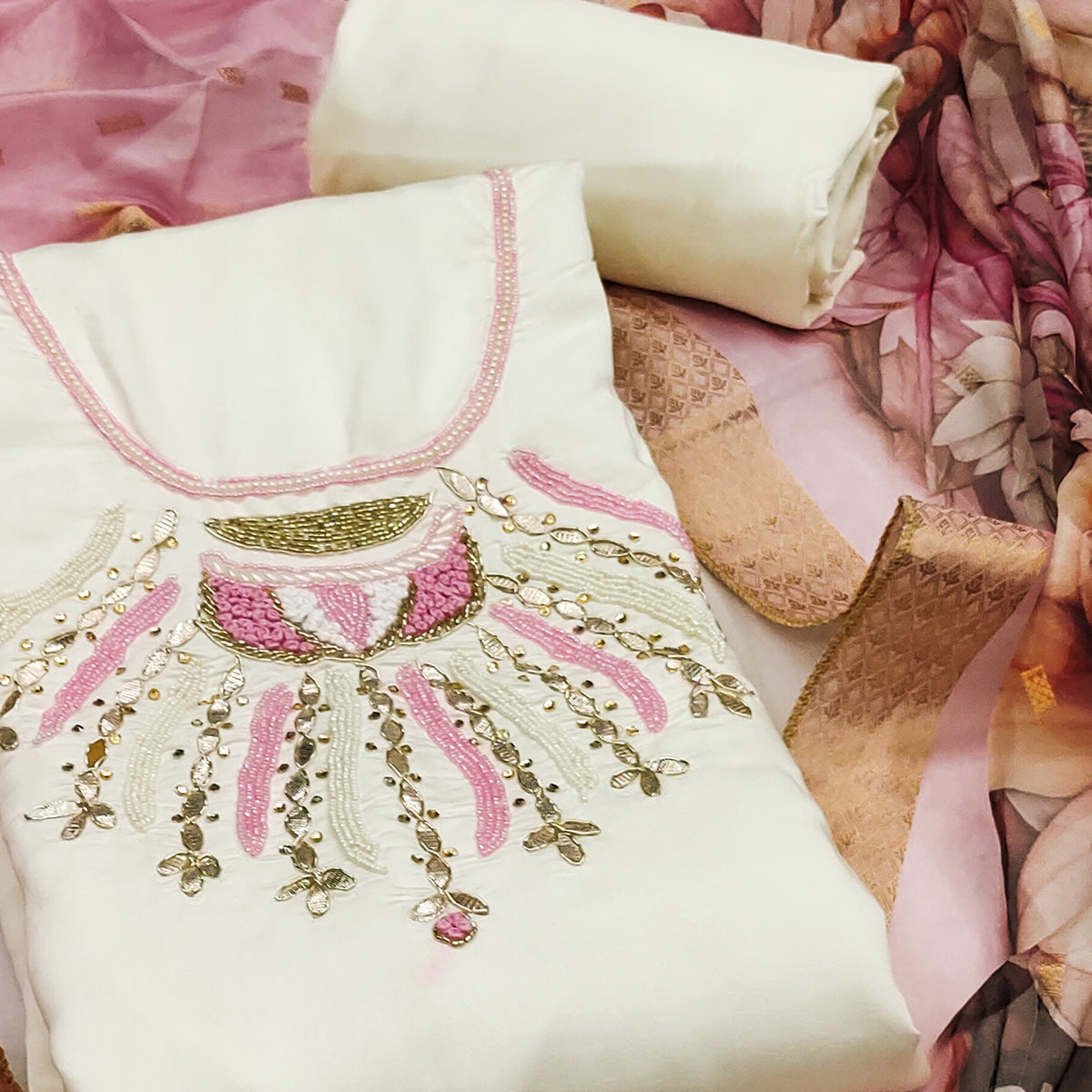 Offwhite Hand Embroidered Cotton Silk Dress Material