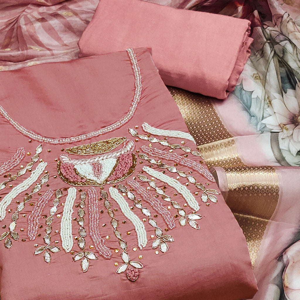 Peach Hand Embroidered Cotton Silk Dress Material