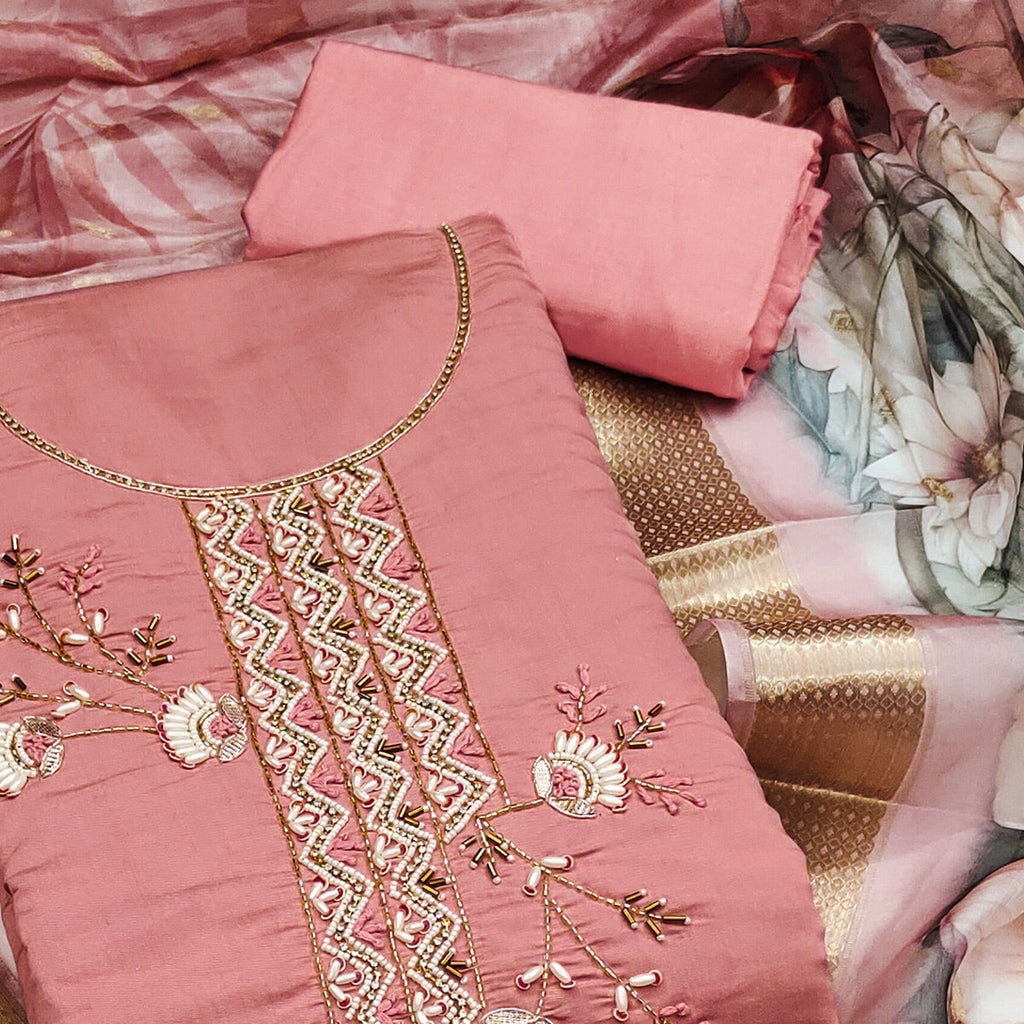 Peach Floral Hand Embroidered Cotton Silk Dress Material