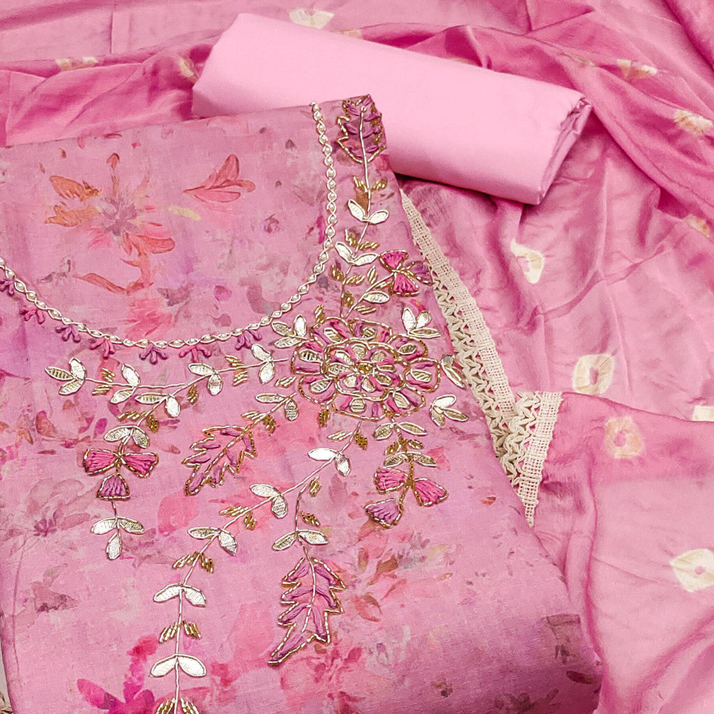 Pink Printed With Hand Embroidery Pure Cotton Dress Material