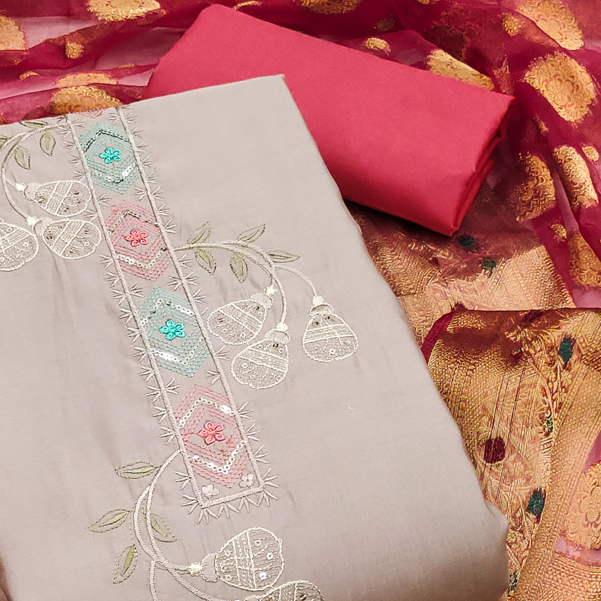 Beige Floral Embroidered Cotton Silk Dress Material