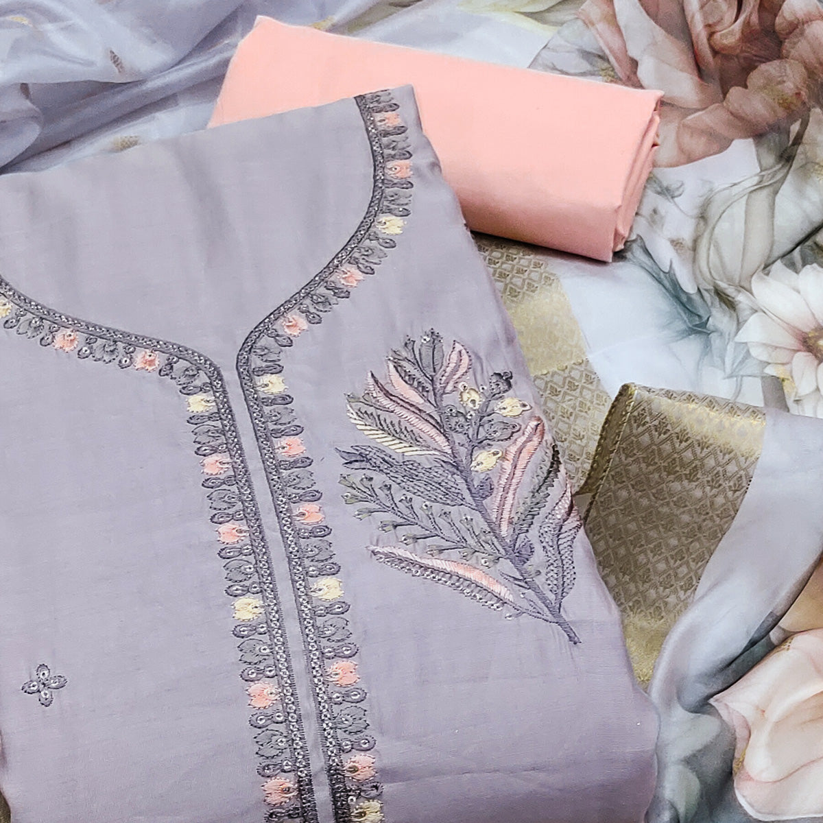 Light Purple Floral Embroidered Cotton Silk Dress Material