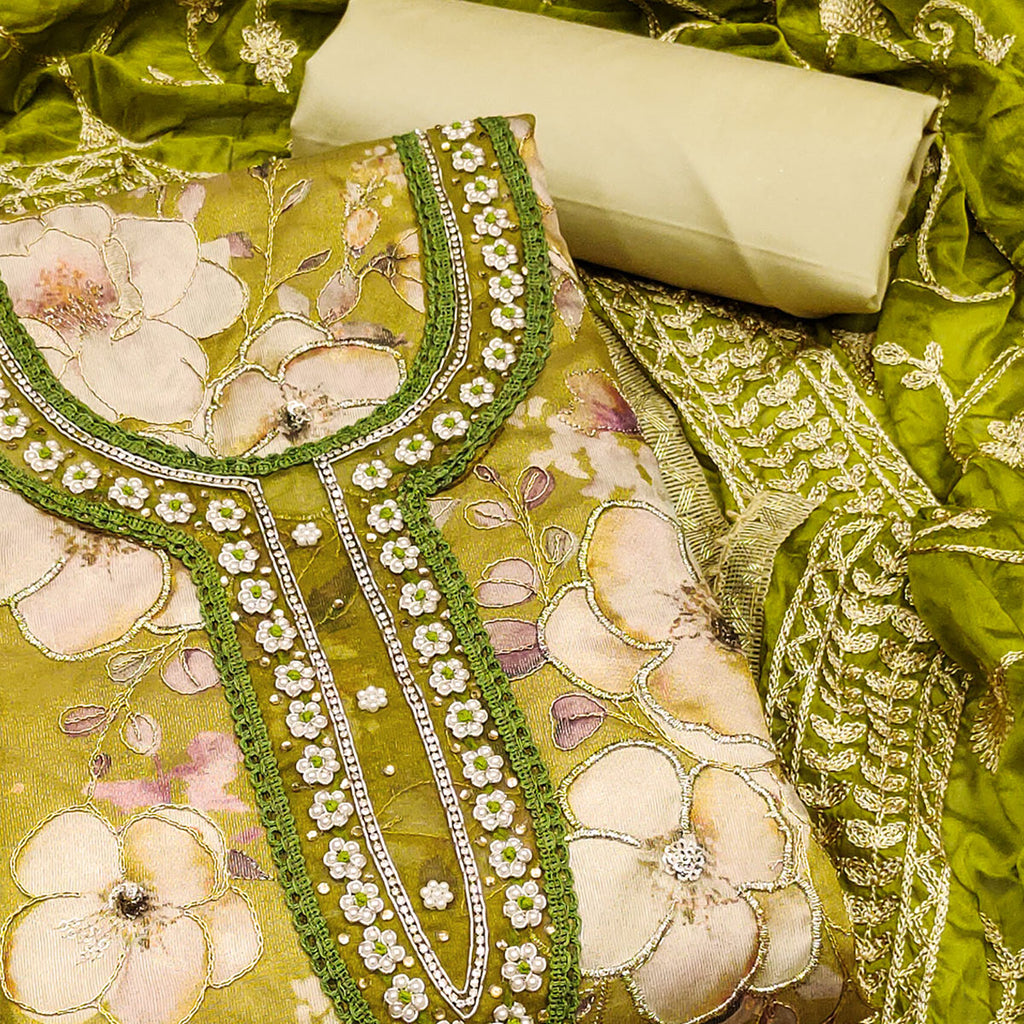 Green Floral Printed With Hand Embroidered Viscose Dress Material