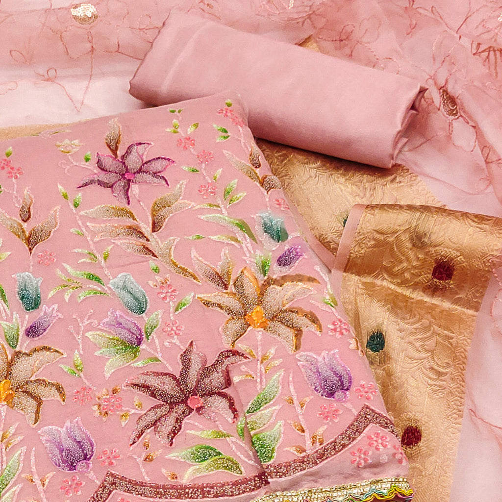 Peach Floral Hand Embroidered Organza Dress Material