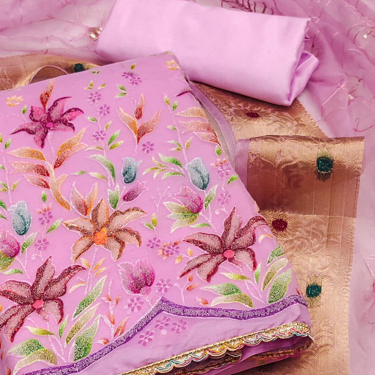 Pink Floral Hand Embroidered Organza Dress Material