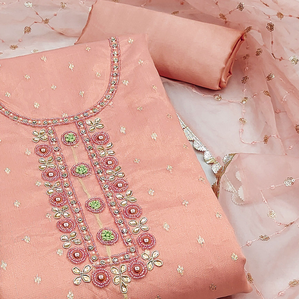 Peach Woven With Handwork Organza Dress Material