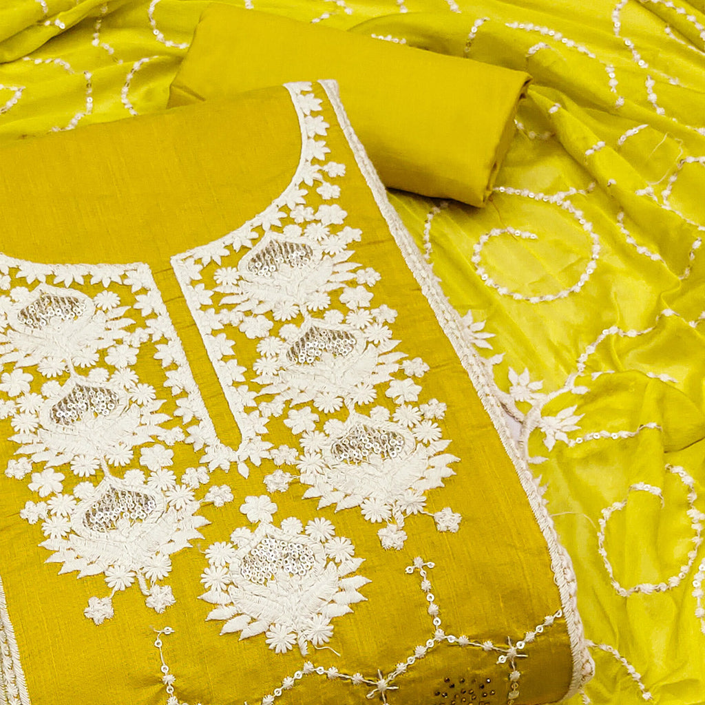 Green Floral Sequins Embroidered Chanderi Silk Dress Material