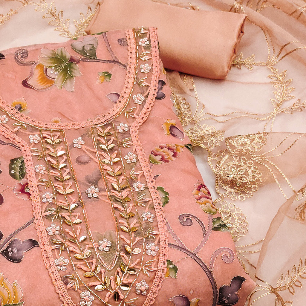 Peach Floral Digital Printed With Hand Embroidery Organza Dress Material