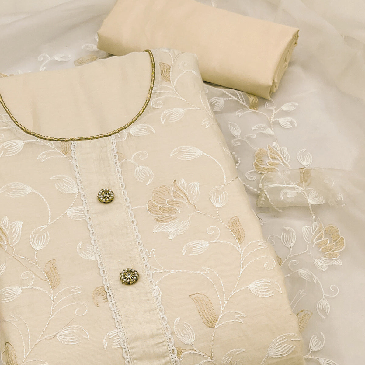 Cream Floral Embroidered Chanderi Silk Dress Material