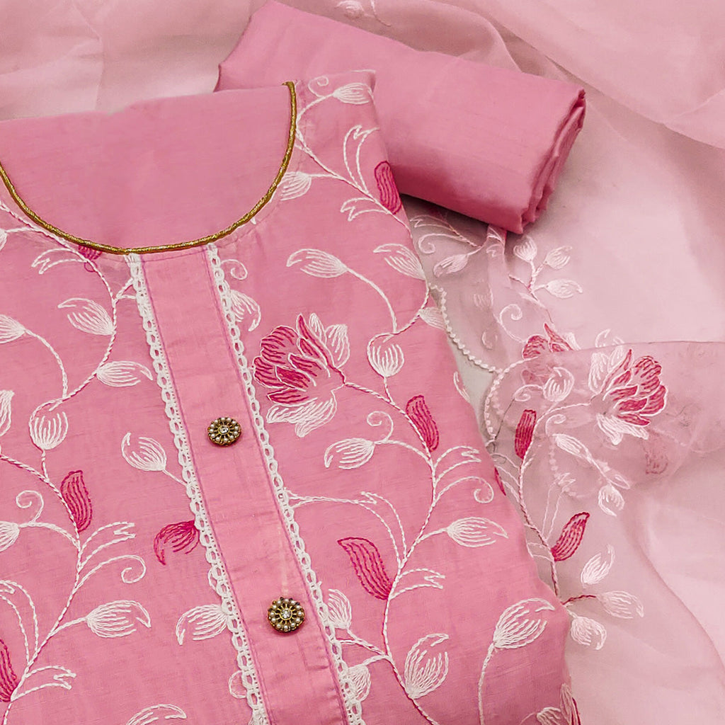 Pink Floral Embroidered Chanderi Silk Dress Material