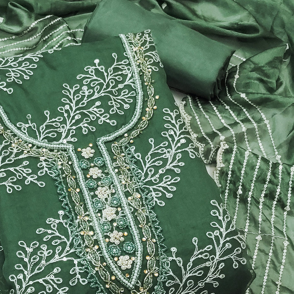 Bottle Green Sequins Embroidery With Handwork Organza Dress Material