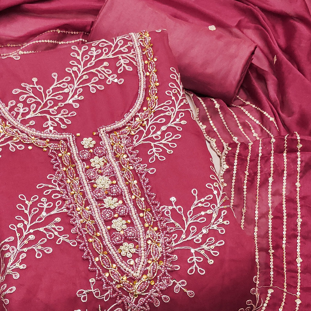 Pink Sequins Embroidery With Handwork Organza Dress Material