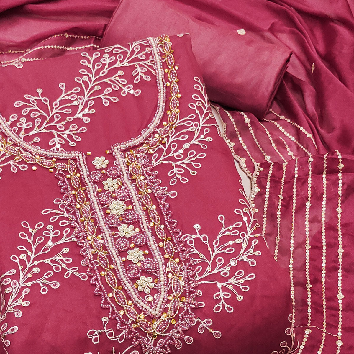 Pink Sequins Embroidery With Handwork Organza Dress Material