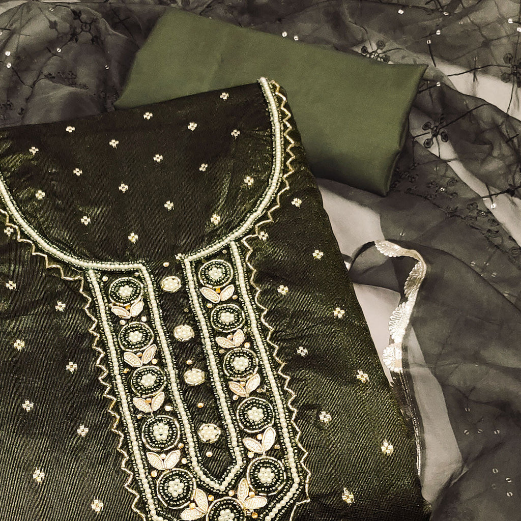 Green Woven With Handwork Organza Dress Material