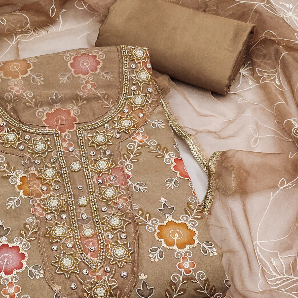 Brown Digital Printed With Hand Embroidered Organza Dress Material