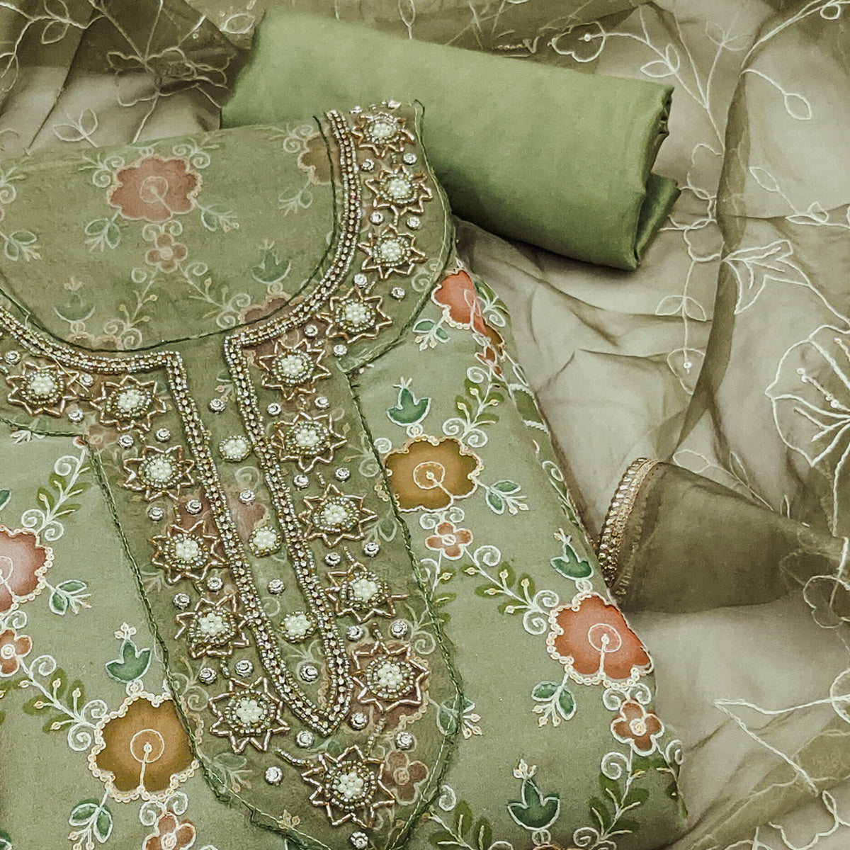 Green Digital Printed With Hand Embroidered Organza Dress Material