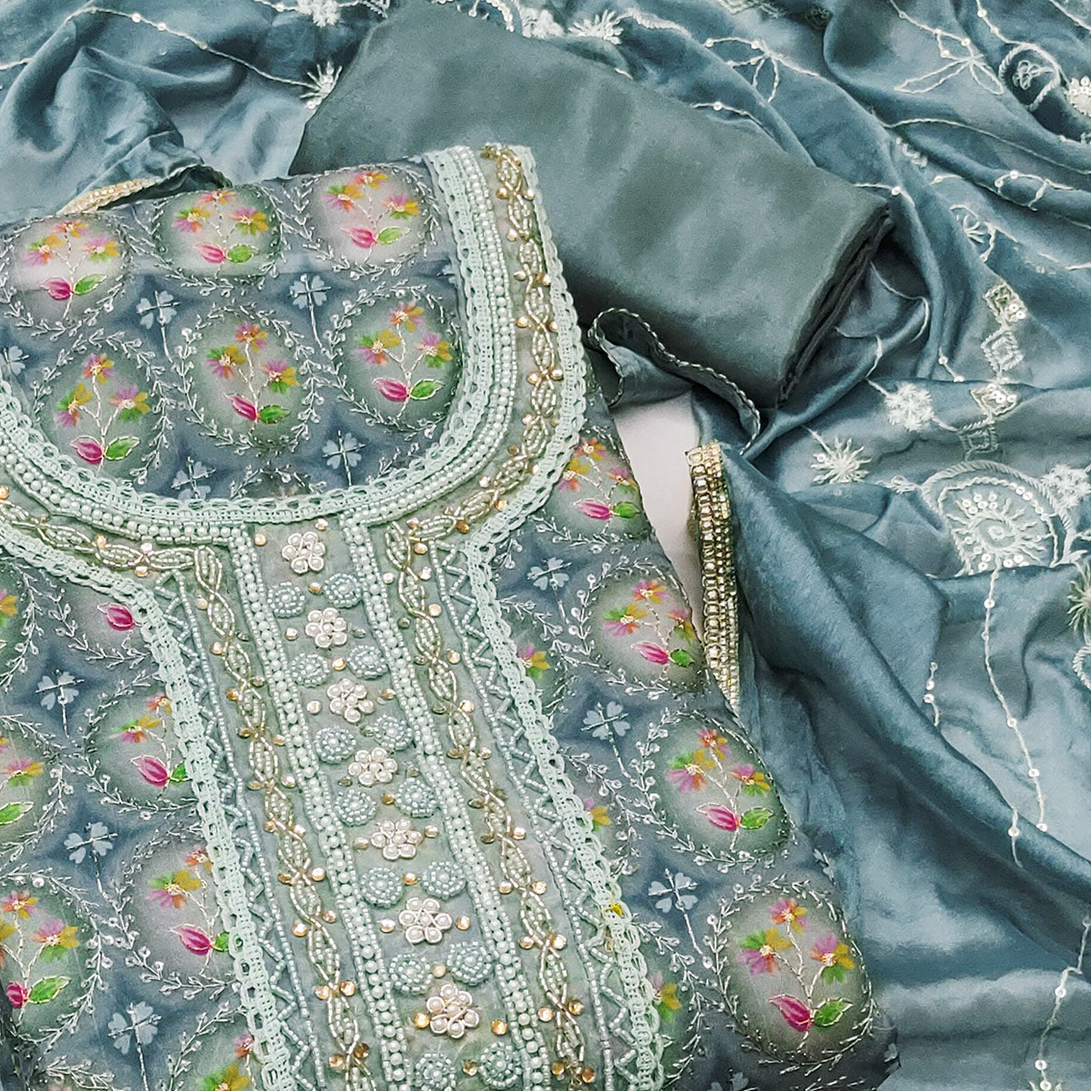 Blue Sequins Embroidery With Handwork Organza Dress Material