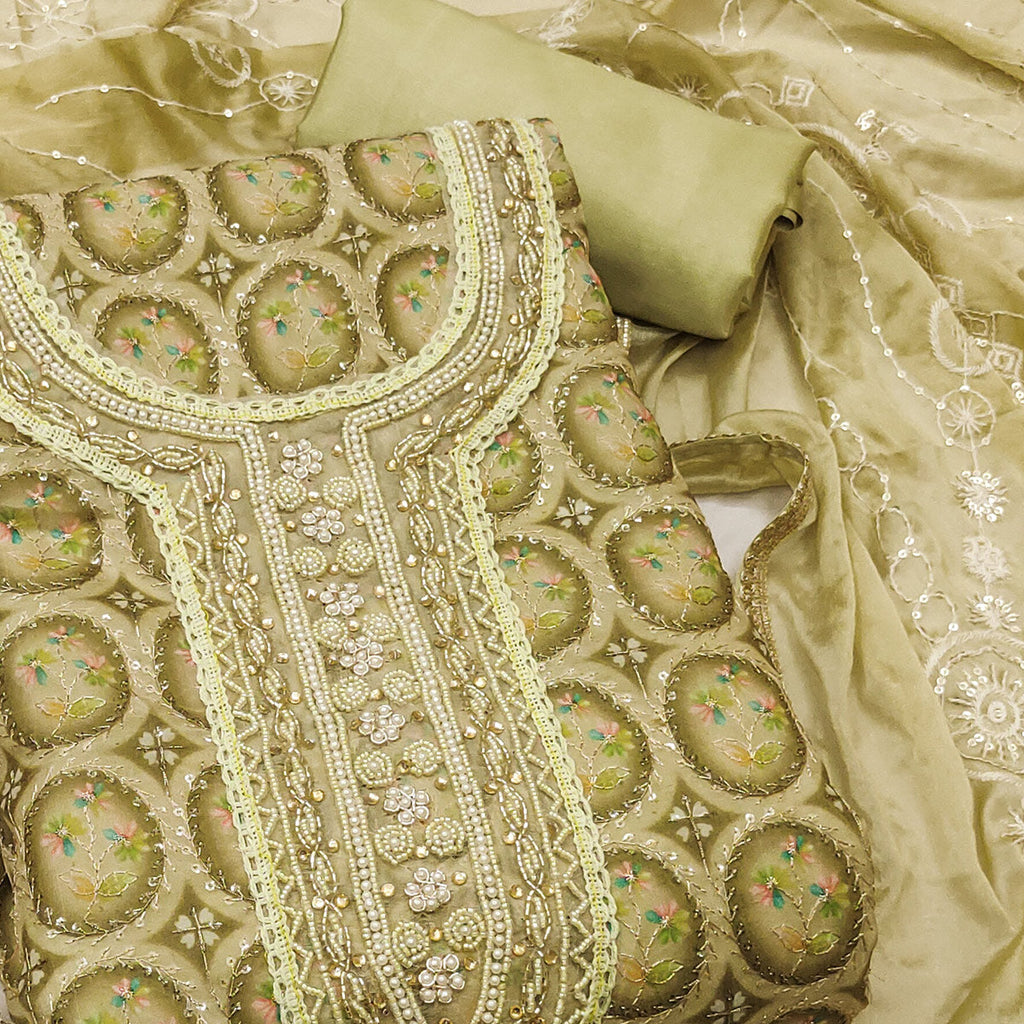 Olive Sequins Embroidery With Handwork Organza Dress Material