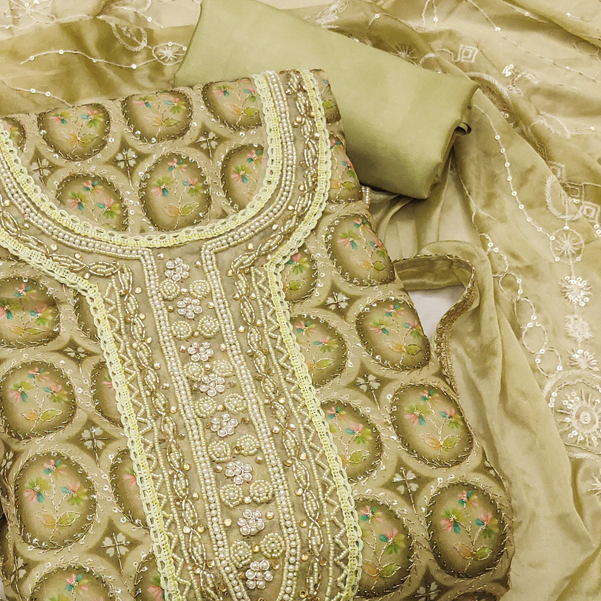 Olive Sequins Embroidery With Handwork Organza Dress Material