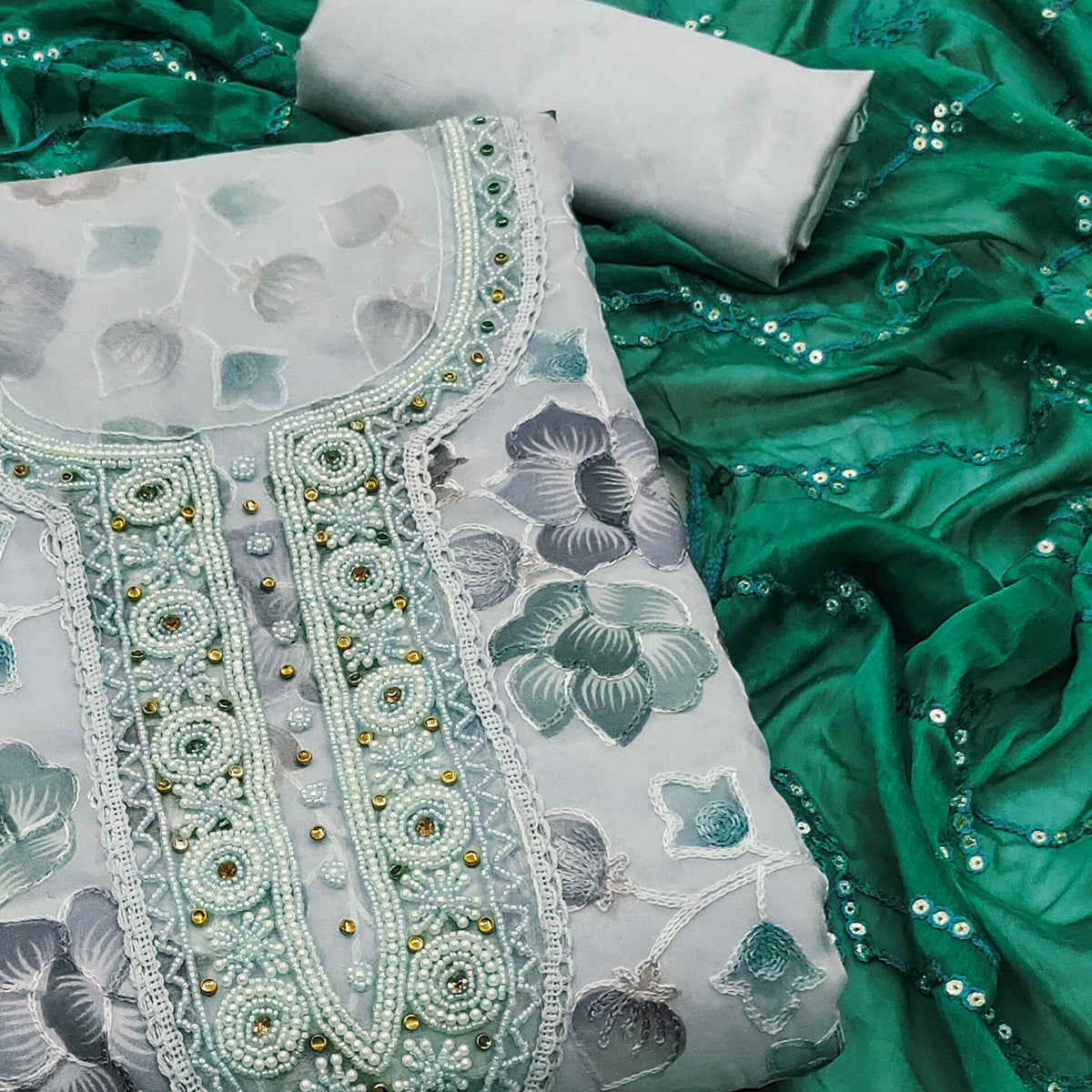 Light Grey Hand Embroidery With Digital Printed Organza Dress Material