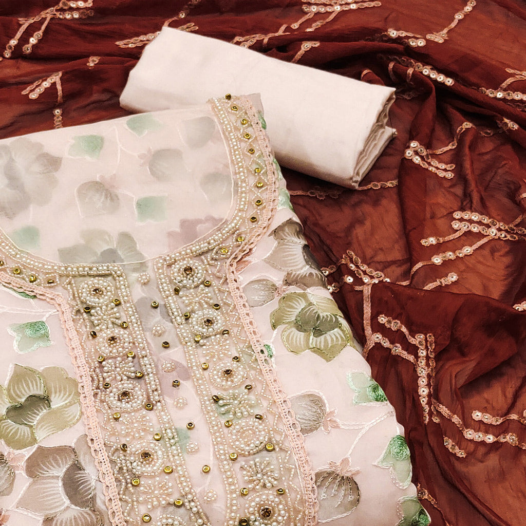 Light Peach Hand Embroidery With Digital Printed Organza Dress Material