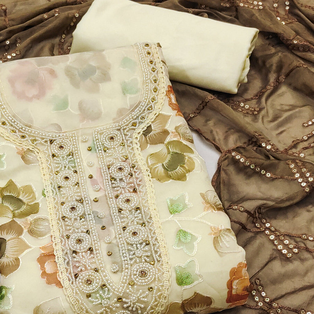 Light Yellow Hand Embroidery With Digital Printed Organza Dress Material